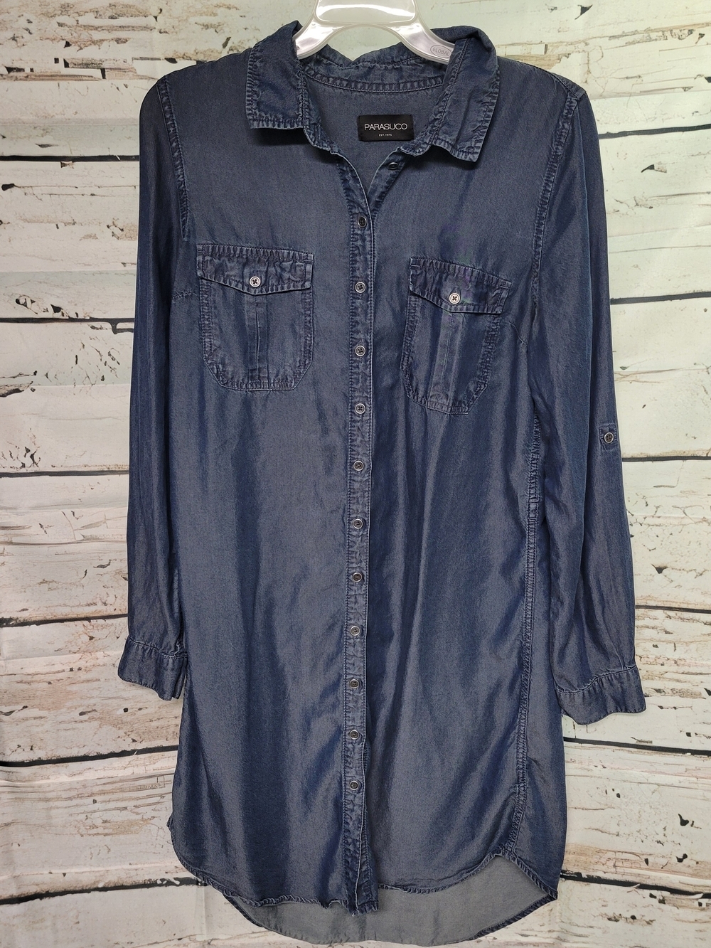 Parasuco Tencel Chambray Shirt Dress Women's Large Blue Button Front